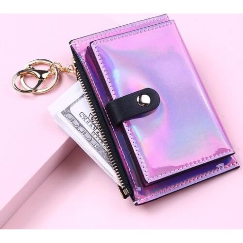 New Laser PU Leather Wallets for Women 2021 Multi-card Sequined Short Two-fold Wallet Solid Color Zipper Buckle Coin Purse