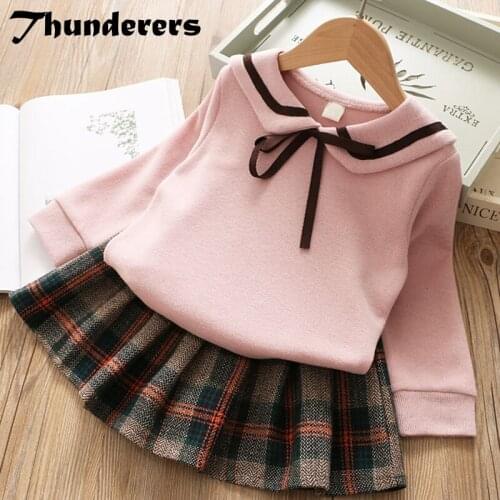 Autumn Winter Kids 2pcs Outfits For Girl Bow Sweatshirts With Plaid Printed Children Clothes Suit Warm Cute Children Clothes