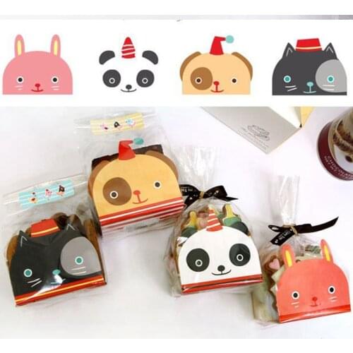 50pcs Plastic Biscuit Cookie Candy Bag Baking Packs Cute Dog Cat Pattern Packaging for Cookies Birthday Christmas Gift Bag