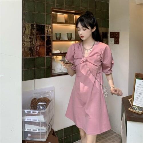 French Bowknot V-neck Short-sleeved Dress Female Summer New Style Korean High-waisted Thin A-line Skirt