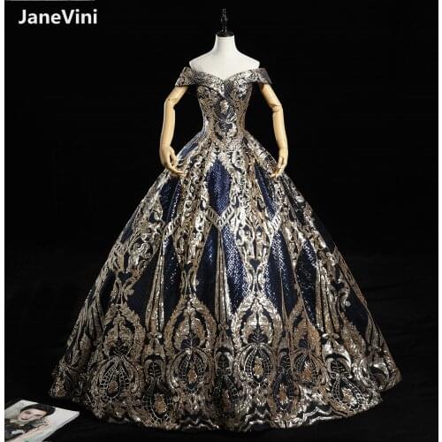 JaneVini Luxury Navy Blue Puffy Ball Gown Evening Dresses 2020 Sparkly Sequins Off Shoulder Muslim Dress Women Formal Night Wear