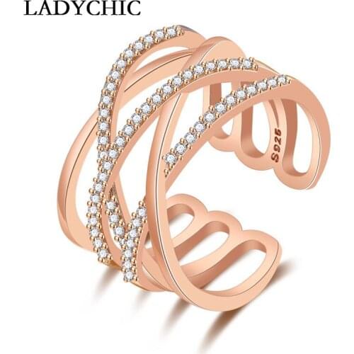 LADYCHIC Luxury Rose Gold Multi-layer Cross Zircon Rings for Women Girls Dainty Silver Color Wedding Engagement Ring Wholesale