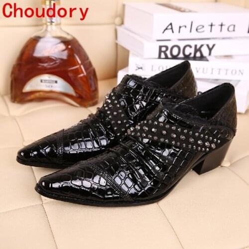 Choudory Celebrity Luxury Men Oxford platform Shoes Deep coffee color Pointed Toe Strap Crystal Leather Burgundy Dress Shoes