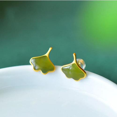 Unique Creative New Natural Hetian Sapphire Ginkgo Leaf Geometric Earrings Fresh and Elegant Ladies Silver Jewelry