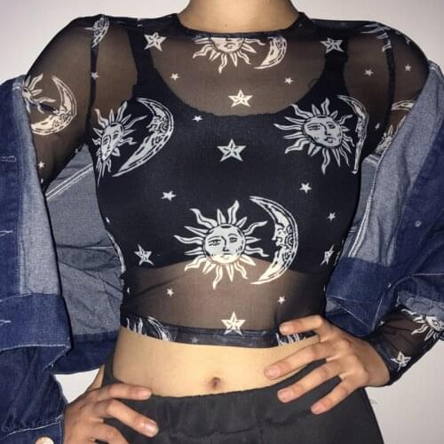 Harajuku Mesh Tops Long Sleeve See Through T Shirt Fashion Women Sexy Transparent Sun Moon Star Print T-shirt Female Clubwear