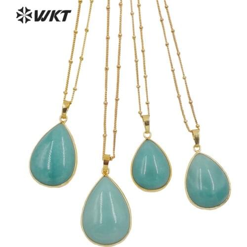 WT-N1292 Wholesale natural blue pear Amazons pendant necklace women fashion gold bezel teardrop stone pendant necklace