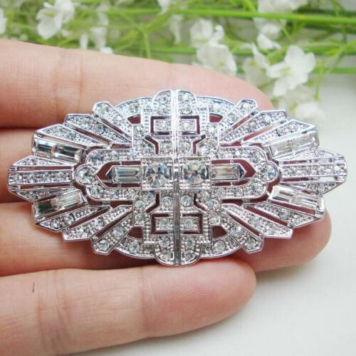 Womans Vintage Buckle Crown Flower Brooch Pin Clear Rhinestone Crystal