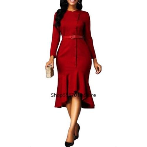 Woman Dress 2021 Spring Casual Plus Size Slim Ruffles Office Mermaid Dresses Women Vintage Sexy Long Party Dress With Belt 5XL