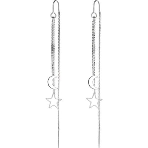 Premium Moon Star Thread Drop Earrings for women Cute Moon Star Nature Thread Through Earrings Threader Delicate Anniversary