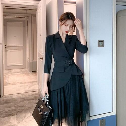 2020 Autumn 2 Piece Set Vintage Women Suit Black Full Sleeve Belt Suit Top and Mesh Skirt Office Two Piece Set Elegant Vestidos