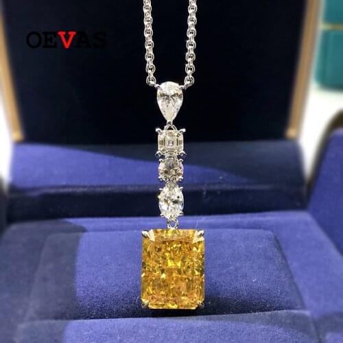 OEVAS 100% 925 Sterling Silver 12*15mm Yellow High Carbon Diamond Pendant Necklace For Women Sparkling Wedding Fine Jewelry Gift