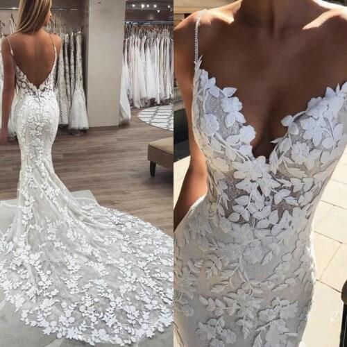Sexy mermaid Wedding Dresses 3D Floral Applique Lace backless Sweep tulle Train Plus Size boho beach Bridal Gowns Robe De