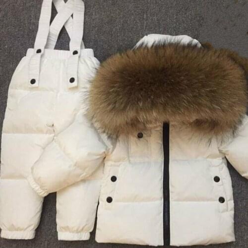Winter new childrens down jacket set baby baby pants set boys and girls raccoon fur ski suit thick fur collar warm down jacket