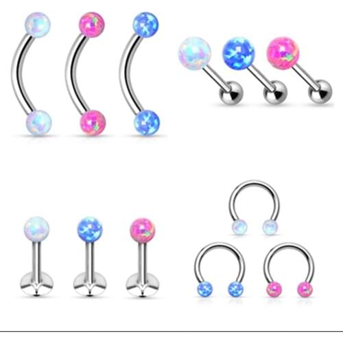 10pcs Free Shippment Body Piercing Jewelry -Opalite Stone Eyebrow/Lip/Labret/Horseshoes/Helix Tragus Bar Piercing16G~1.2X8X3mm