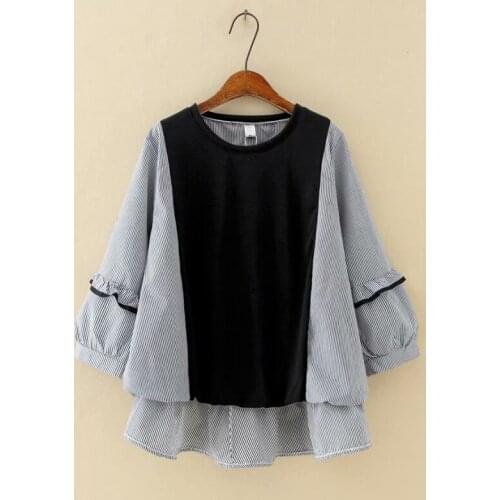 Plus Size Shirt For Women Long Sleeves Round Collar Cotton Blended Fabric Color Splicing Fashion Spring And Fall Largesize Shirt