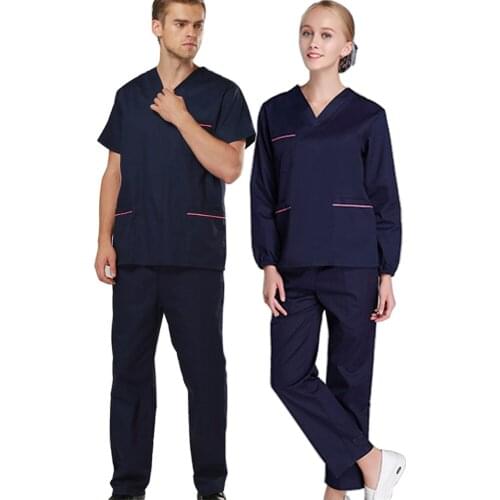 Cheap Scrub Set Surgery Workwear Classic V Neck Doctor Working Uniforms Navy Top and Pant Polyester Cotton Suits XK001