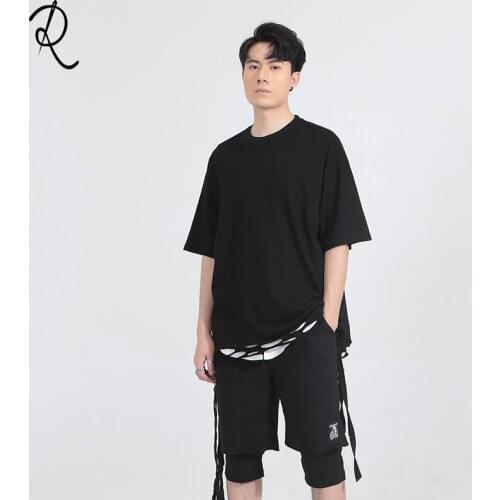 Summer Dark Department High Street Personality Hem hole pure color casual loose short-sleeved tee men