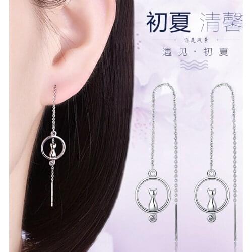 New Long Tassel Girl Moon Cute Cat Drop Earrings Fashion Sweet Lady Design Silver Plated Earrings Charm Lady Birthday Party Gift