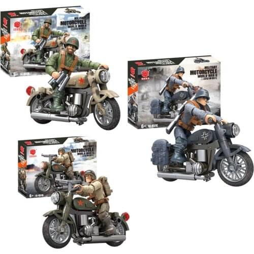 New WWII Action Figure Blocks 1:36 Retro Motorcycle Soldier Figures Arms Guns Model Building Kits Bricks Military Toys for Boy