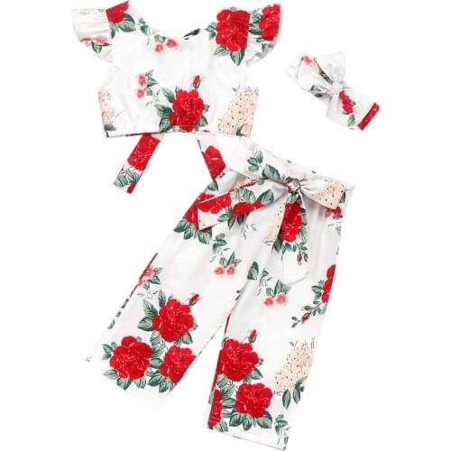 Baby Girl Clothes Cute Off Shoulder Crop Tops Rose Printed Tops Long Pantss Headbands Summer 3pcs Summer Clothing Outfit Set