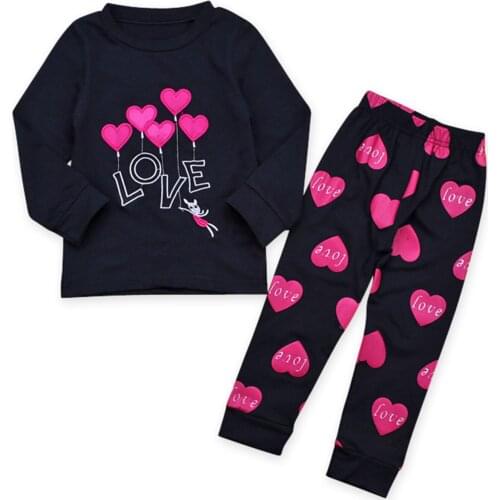 Valentines Day Baby Girls Long-sleeve Tops Trousers Pajamas Set Fresh Heart Print Round Neck T-shirt and Pants Home Clothes