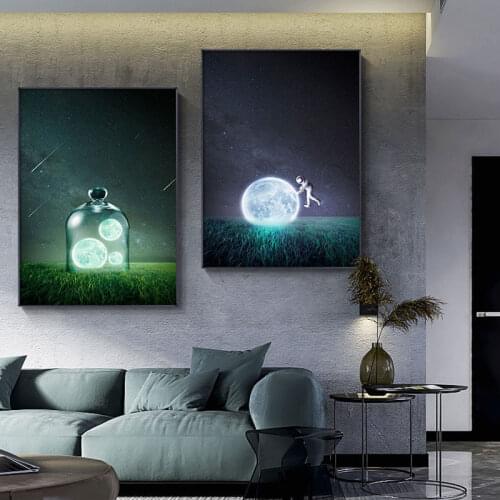 Nodic Creative Dreaming Moonlight Canvas Painting Unique Shining Moon Posters Prints Wall Art Pictures for Living Room Baby Room