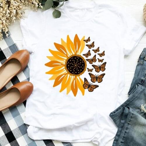 Sunflowers Butterfly Cartoon Printed Women 90s Fashion Print Shirt Clothes T Tee Womens Tshirt for Female Tops Graphic T-shirt