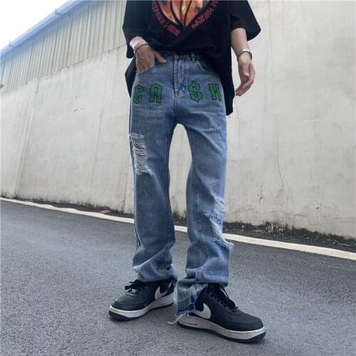 Ripped Hole Letter Embroidery Washed Jeans for Men and Women Straight Tassel Retro Streetwear Denim Trousers Loose