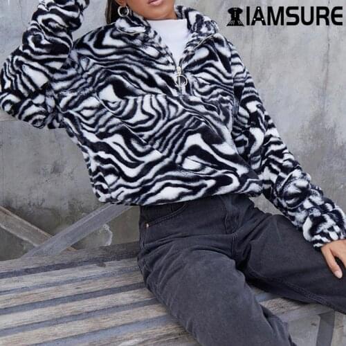 IAMSURE Animal Zebra Print Furry Casual Pullover Sweatshirt Women Warm Fashion Black White Zipper Hoodies 2020 Autumn Winter