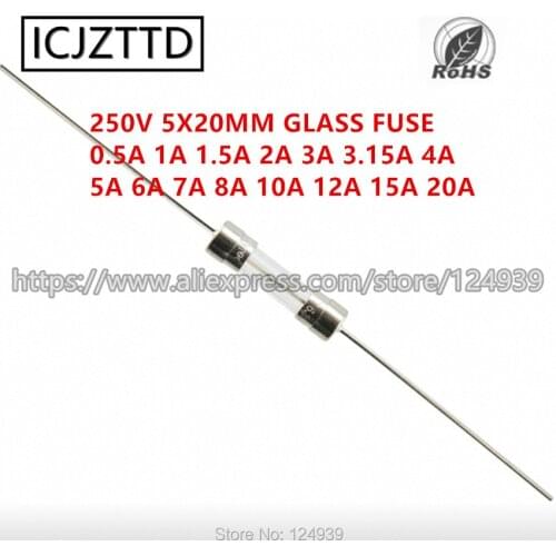 0.5A 1A 2A 3A 4A 5A 6A 7A 8A 5X20 Fuse Tube 5*20mm 250V 5*20 Double iron cap Axial Fast Glass Fuse With Lead Glass Tube 5mm*20mm