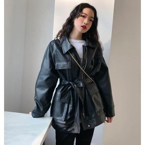 Trendy Spring Slim PU Coat Women Faux Leather Jackets Vintage Motor Biker Jackets Elegant Tie Belt Waist Pockets Buttons Coats