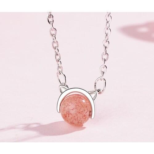 100% 925 sterling silver fashion cute cat pink rhinestone ladies' chains necklaces wholesale jewelry short chain wedding gift