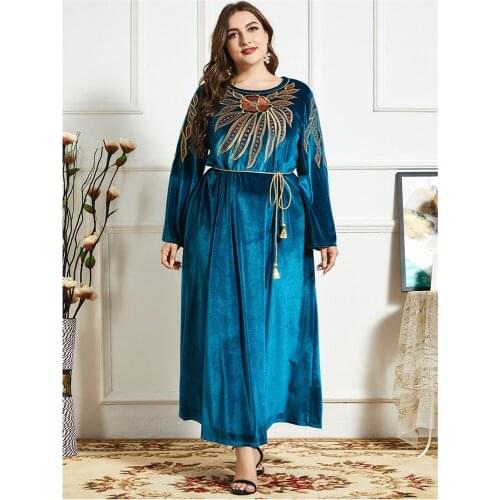 New Velvet Abaya Embroidery Kaftan Dubai Women Loose Maxi Dress Muslim Turkey Caftan Islamic Clothing Arab Robe Gown Abayas Warm