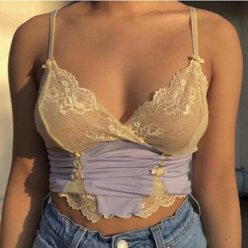 Women Sexy V-neck Camis Top Sling Vest Top Lady Girls Sleeveless Slim Bow Lace Hem Hollow Crop Tops Clubwear Tanks Top