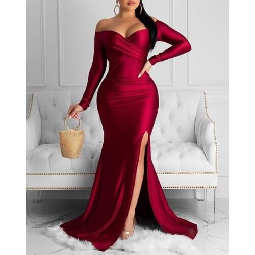 2020 Women Elegant Wine Red Maxi Dress Female Sexy Party Fashion High Slit Off Shoulder Ruched Slit Dress