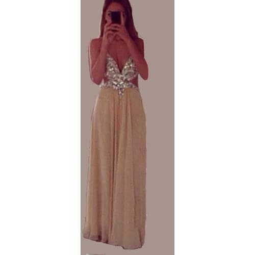 Sexy Prom gown 2018 Deep V neck Opening Back vestido de noiva crystal Chiffon Floor Length Formal Gowns Bridesmaid Dresses