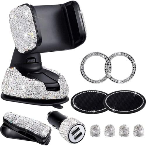 11PCS Car Phone Mount Bling Crystal Phone Holder Tire Valve Stem Caps Car Headrest Collars Rings Dual USB Car Charger