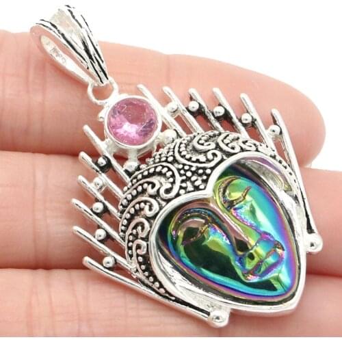 57x27mm Classic Long Heavy Goddess Face Citrine Onyx,Pink Tourmaline SheCrown Gift Party Silver