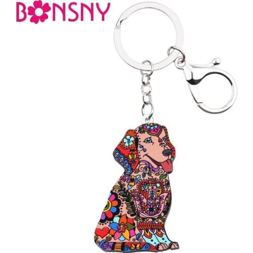 Bonsny Acrylic Animal Dog Jewelry Labrador Key Chain Key Ring Pom Gift For Women Girl Bag Charm Ladies Pendant Jewelry Wholesale