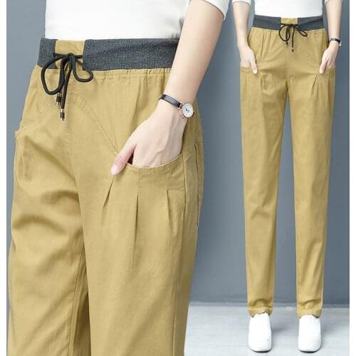 Elastic Waist Womens Trousers Casual Pants Female Spring Summer 2021 New Loose Harem Pants Army Green Straight Overalls 5XL