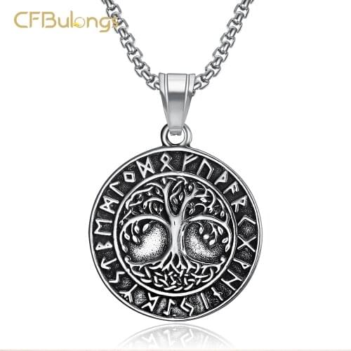 CFBulongs 316L Stainless Steel Tree of Life Pendant Necklace Cool Silver Color World Tree Nordic Mythology Charm Mens Jewelry