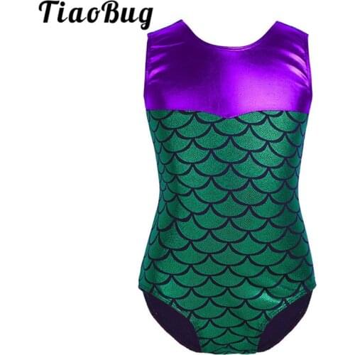 TiaoBug Kids Sleeveless Shiny Mermaid Scale Printed Ballet Gymnastics Leotard Girls Sports Bodysuit Children Stage Dance Costume