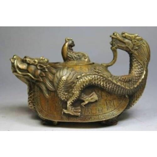 Chinese Old Copper Handwork Dragon Tea Pot Kettle Flagon Collection Ornaments Antique Statues for Decoration