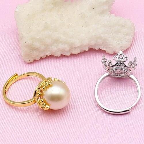 Crown Pearl Ring Set Mountings Findings, Adjustable Ring Jewelry Setting Parts Fittings Charm Accessories Silver Jewellery
