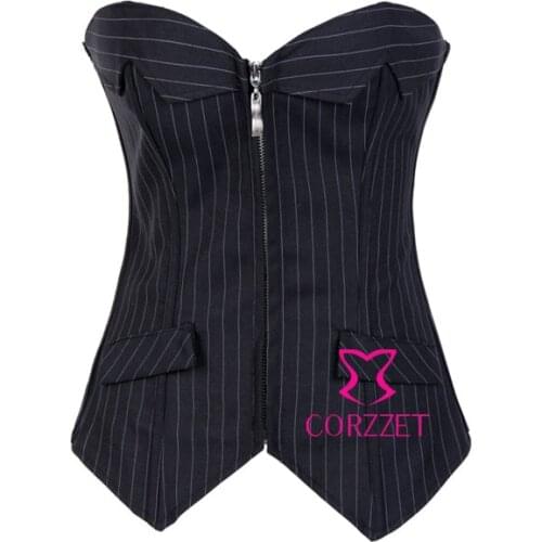 Fashion Strapless Ribbon Lacing Sexy Push Up Overbust Corselet Zipper Corset Black Striped Crop Top Bustier Bodice ForWomen Lady