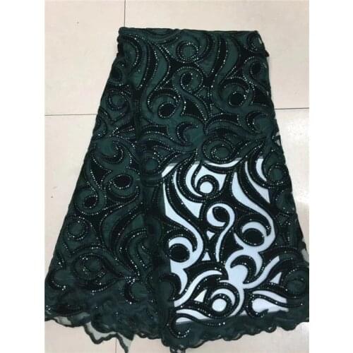 5yards/lot ) 2019 New High quality emerald green Velvet African tulle lace French net lace fabric with Sequins for party dress