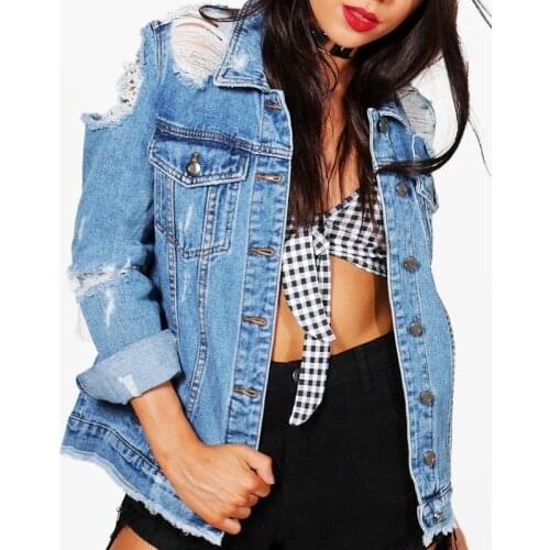 Streetwear Front Back Destroyed Ripped Jeans Jacket For Woman Long Sleeve Oversize Denim Jacket Female Distressed Denim Jackets