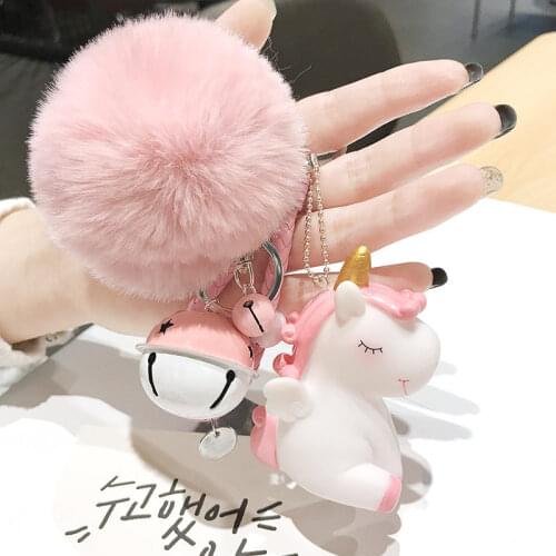 Cute pompom keychains cartoon Silicone unicorn key chain with Artificial fur ball Lanyard women bag pendant car Jewelry key ring
