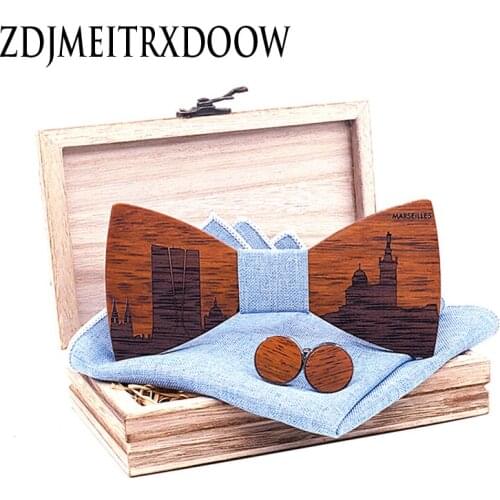 French city series landmark buildings MARSEILLES Mens Wooden bow tie Corbatas Para Hombre Cufflinks Set Dropshipping T256