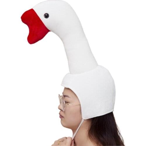 N7MF Funny White Goose Shape Plush Hat Novelty Stuffed Headgear Cosplay Earflap